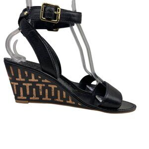 Tory Burch Marion Black Leather/Cork Wedge ankle Strap heels women’s sz 9.5